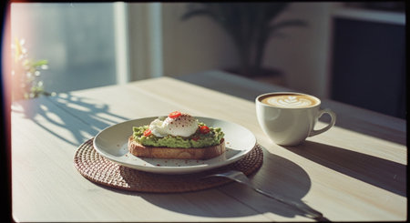 Avocado toast with poached egg and coffee cup on wooden tableの素材