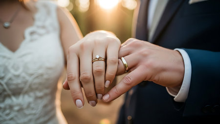 Wedding rings on hands of the bride and groom on natureの素材