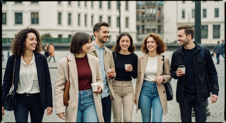 Group of young people walking on the street and drinking coffee in the cityの素材