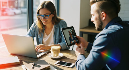 selective focus of young businesswoman in eyeglasses holding digital tablet with video conference on screenの素材