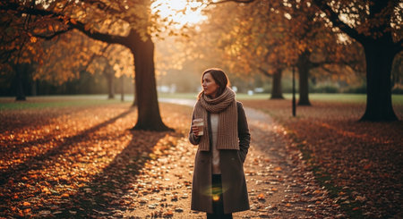 Beautiful young woman walking in autumn park at sunset. Beautiful girl in coat and scarf.の素材