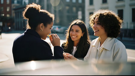 Group of happy young women talking and laughing while sitting in cafe outdoorsの素材