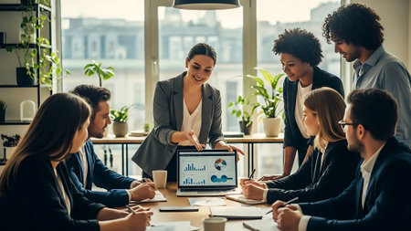 Group of business people working together in office. They are sitting at the table and smiling.の素材