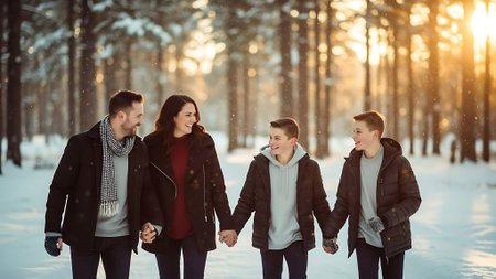 Happy family walking in winter forest. Mother, father, son and daughter having fun together.の素材