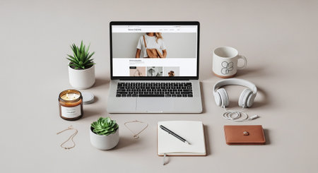 Workplace with laptop, coffee cup and accessories on beige backgroundの素材