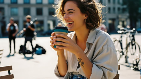 Portrait of a smiling young woman with coffee cup in the cityの素材