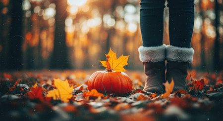 Woman's legs in warm socks with pumpkins in autumn forest.の素材
