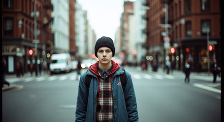 young handsome hipster man in the city street in european styleの素材