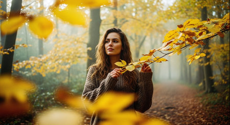 Beautiful young woman in autumn forest with yellow leaves in her handsの素材