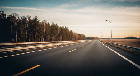 Empty asphalt road in forest at sunset. Perspective view. Long exposure.の素材