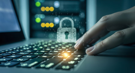 Cyber security and information protection business technology concept. Close up of female hand using laptop computer with padlock icon on screen.の素材