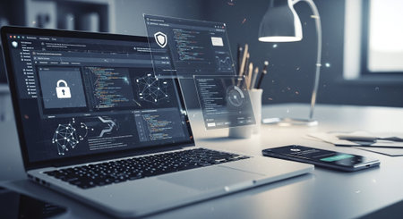 Close up of desktop with laptop and other items on blurry background 3D renderingの素材