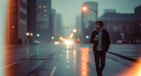 Young handsome man with coffee in hand walking on the street at nightの素材