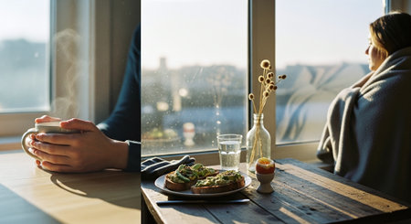 Young woman with a cup of coffee and sandwiches in a cafe.の素材
