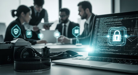 close up.business people working in a modern office. computer with padlock on the screenの素材