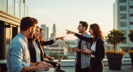 Group of young business people having a meeting in the city. They are using a laptop, talking and smiling.の素材