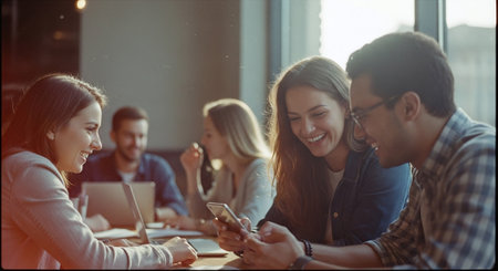 Group of young business people discussing business plan  in the office.の素材