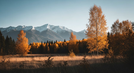 Autumn landscape with yellow birch trees and snow-capped mountains.の素材