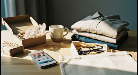 smartphone with online shopping application on screen and stack of clothes on tableの素材