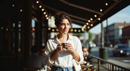 Beautiful young woman drinking coffee in a coffee shop. Outdoor portrait.の素材