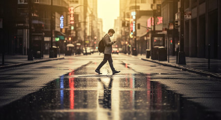 Young man walking in the street with mobile phone in his hand.の素材