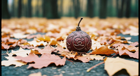 Pumpkin on the ground with autumn leaves in the background.の素材