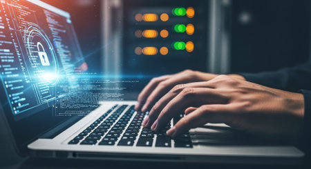 Cyber security and information protection concept. Close up of businesswoman hands using laptop with padlock icon on screen.の素材