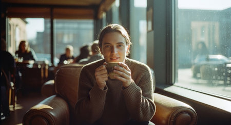 Young woman drinking coffee in cafe. Girl in a sweater with a mug in her hands.の素材