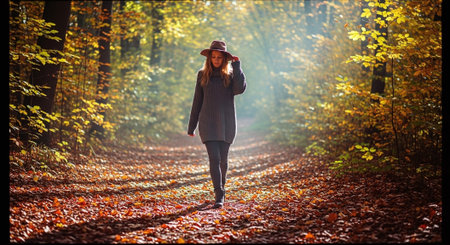 Young woman walking in the autumn forest on a sunny day with sun raysの素材