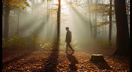 Young man walking in the autumn forest with fog and sunbeamsの素材