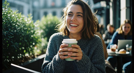 Portrait of a smiling young woman drinking coffee in a coffee shopの素材