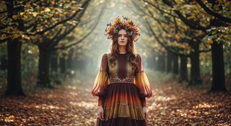 Beautiful young woman in medieval dress and a wreath on her head walks through the autumn forest.の素材