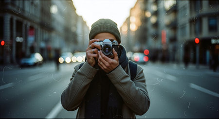 A young man in a coat and hat with a camera on the background of the cityの素材