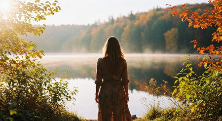 Beautiful girl in a long dress stands on the bank of the lake and looks into the distanceの素材