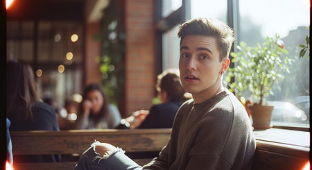 Portrait of a handsome young man sitting in a cafe and looking at the cameraの素材