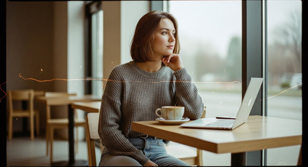 Thoughtful young woman sitting in cafe with laptop and cup of coffeeの素材