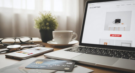 Laptop and credit card on the wooden table. Online shopping concept.の素材