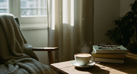 Cup of coffee and books on a wooden table by the windowの素材