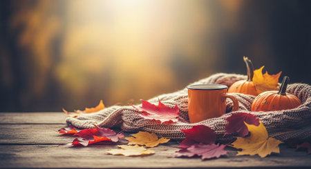 Autumn still life with cup of hot drink and knitted scarf on wooden tableの素材