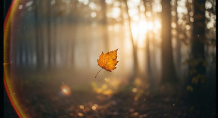 Autumn leaf on a foggy forest background. Autumn concept.の素材