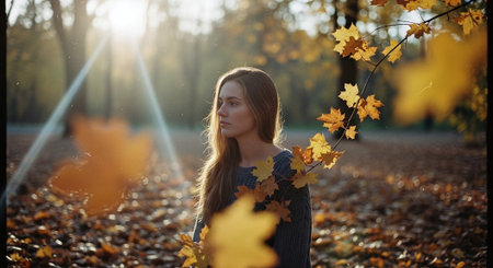 Portrait of a beautiful young woman in autumn park. Girl with yellow leaves.の素材