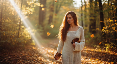 Portrait of a beautiful young woman with long hair in the autumn forestの素材