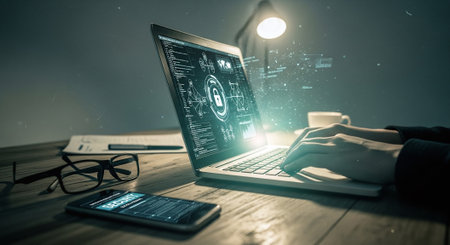 Close up of businesswoman working on laptop at table with media iconsの素材