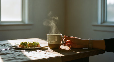 Female hand holding a cup of coffee and a plate with sandwiches.の素材