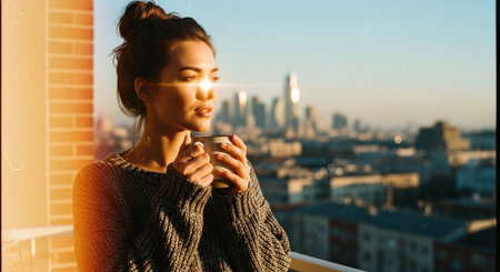 beautiful young woman with cup of coffee looking at city through windowの素材