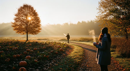 Young woman walking in autumnal field with pumpkins and fog.の素材