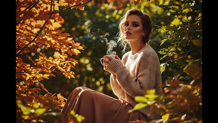 Beautiful young woman with a cup of coffee in the autumn forestの素材