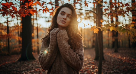 Portrait of a beautiful young woman in the autumn forest. Beauty, fashion.の素材