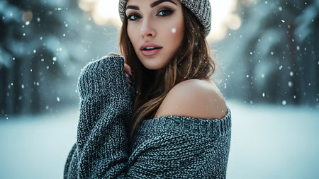 Beautiful young woman in winter forest. Snowfall. Winter fashion.の素材