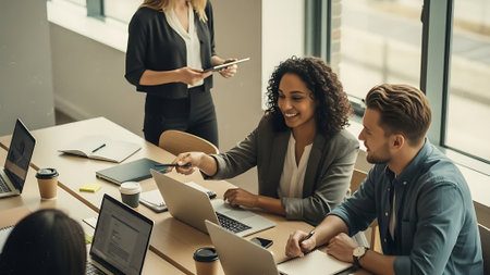 Young business people working together in modern office. Teamwork concept.の素材